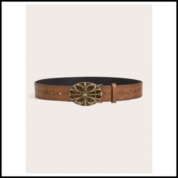 Retro Western Belt Faux Leather Metal Buckle Vintage Cowgirl Style - Picture 2 of 5